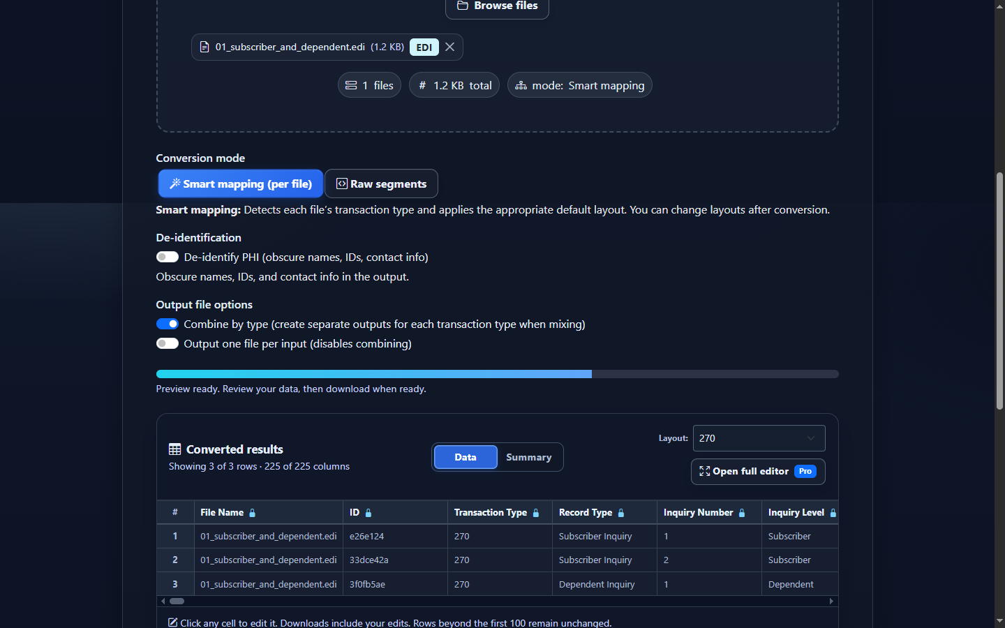 Real converted EDI 270 preview showing labeled synthetic eligibility inquiry fields