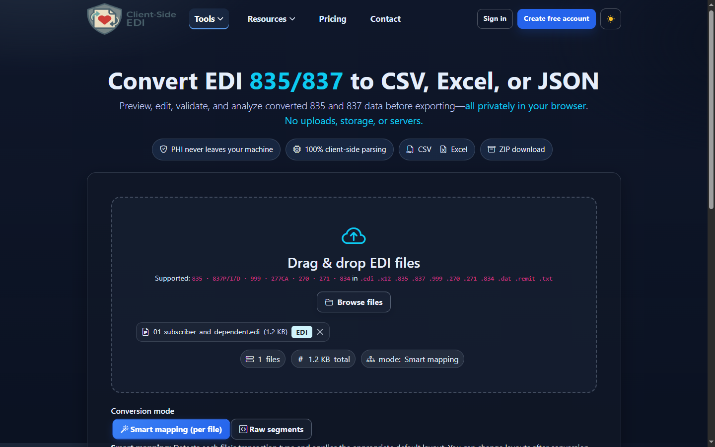 EDIFileConverter.com with a synthetic 270 eligibility inquiry selected and Smart mapping enabled