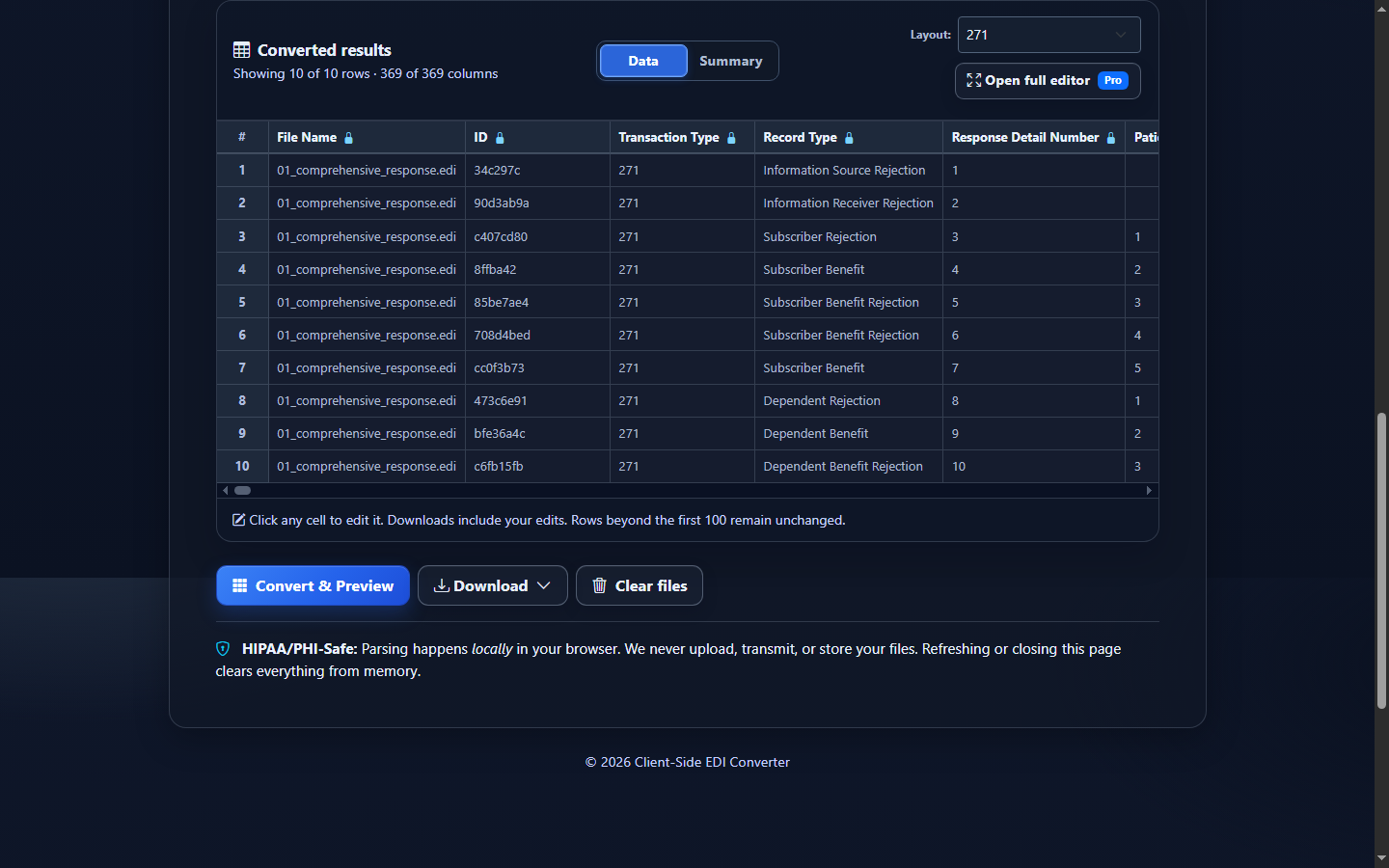 Real converted EDI 271 preview showing labeled synthetic eligibility response fields
