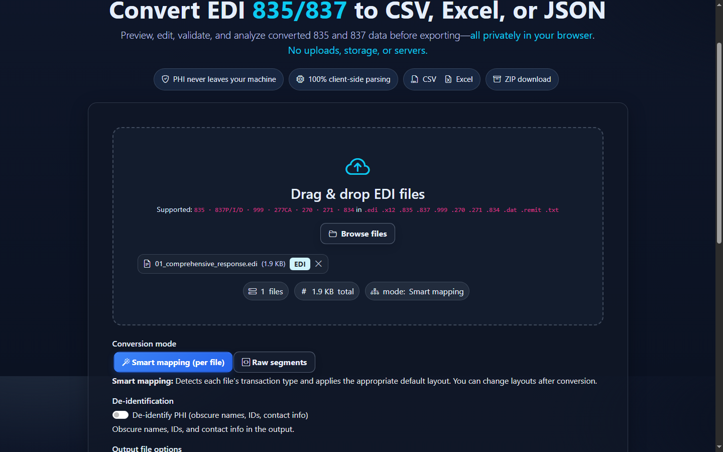 EDIFileConverter.com with a synthetic 271 response selected and Smart mapping enabled