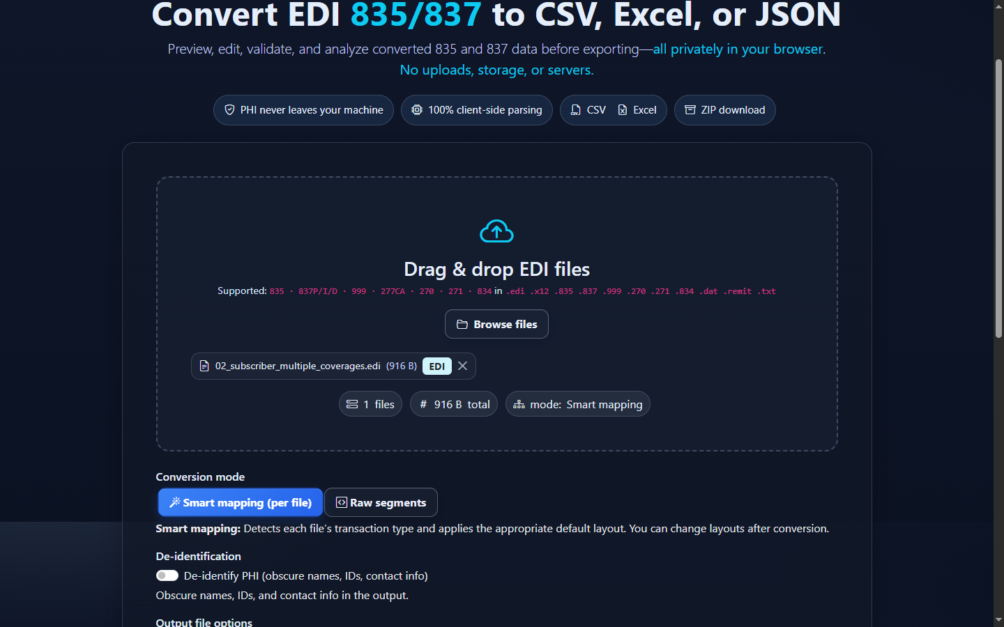 EDIFileConverter.com with a synthetic EDI 834 file selected and Smart mapping enabled