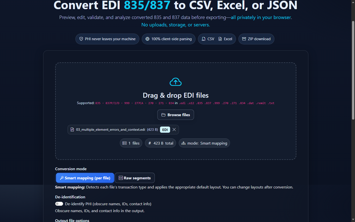 EDIFileConverter.com with a synthetic EDI 999 file selected and Smart mapping enabled