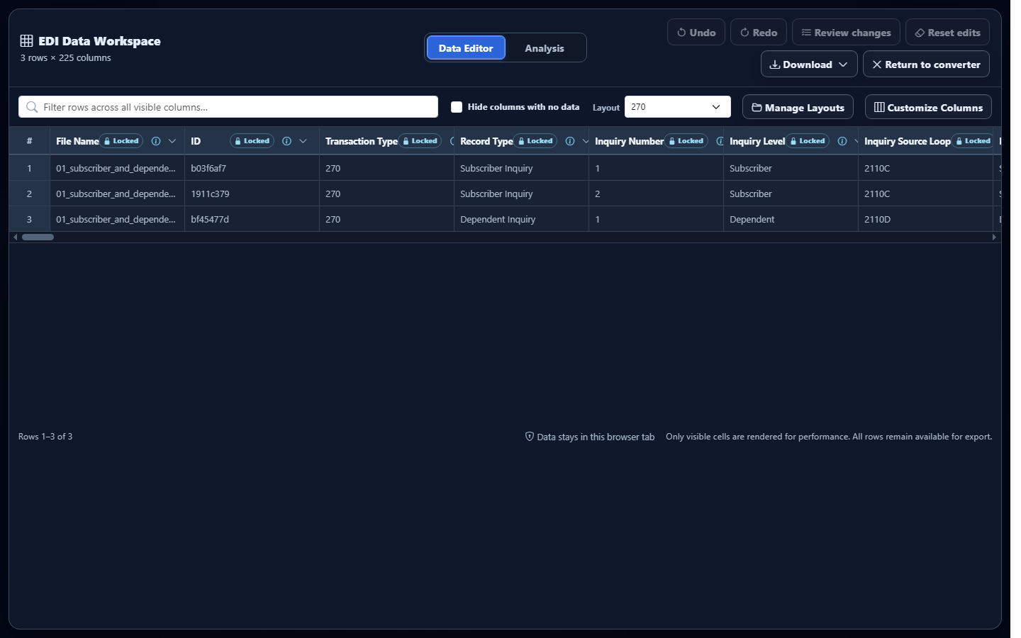 Real EDI 270 Data Editor showing mapped synthetic eligibility inquiry rows