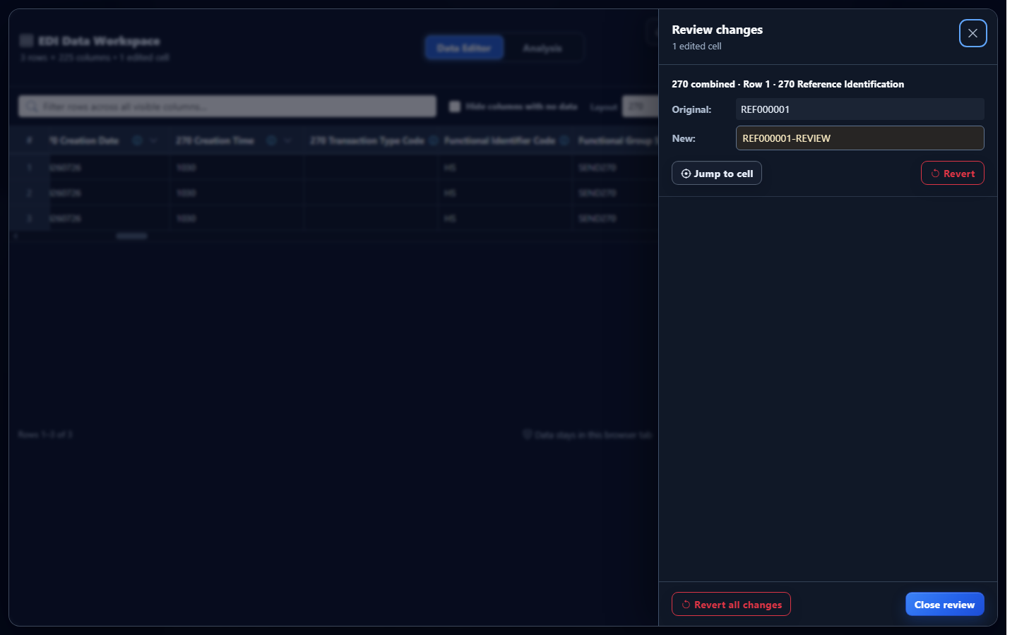 Review changes panel comparing original and edited EDI 270 converted values