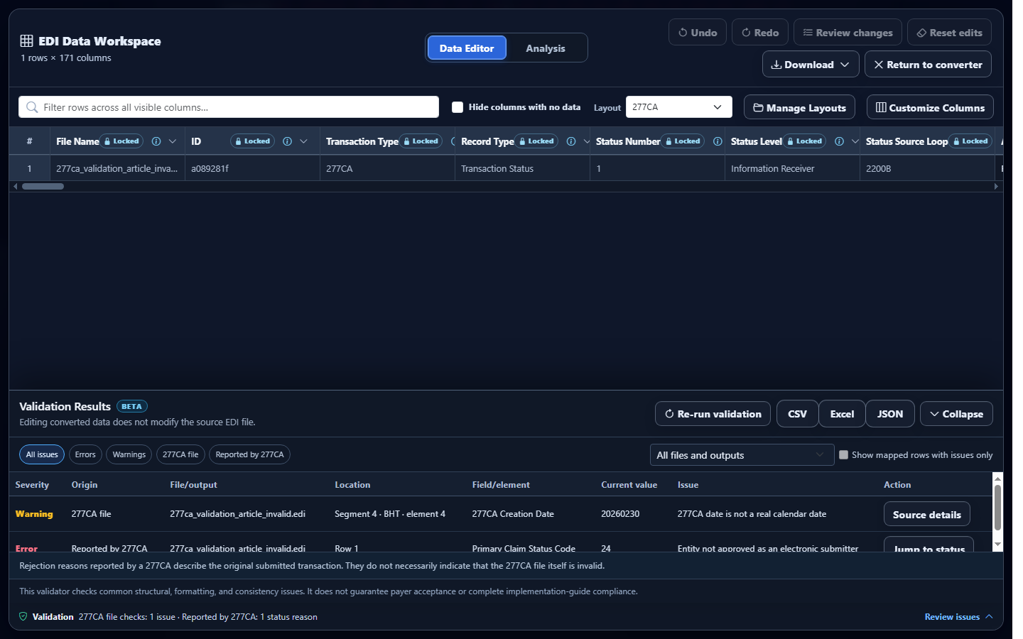 Validation Results table showing a synthetic 277CA source date warning and reported rejection status