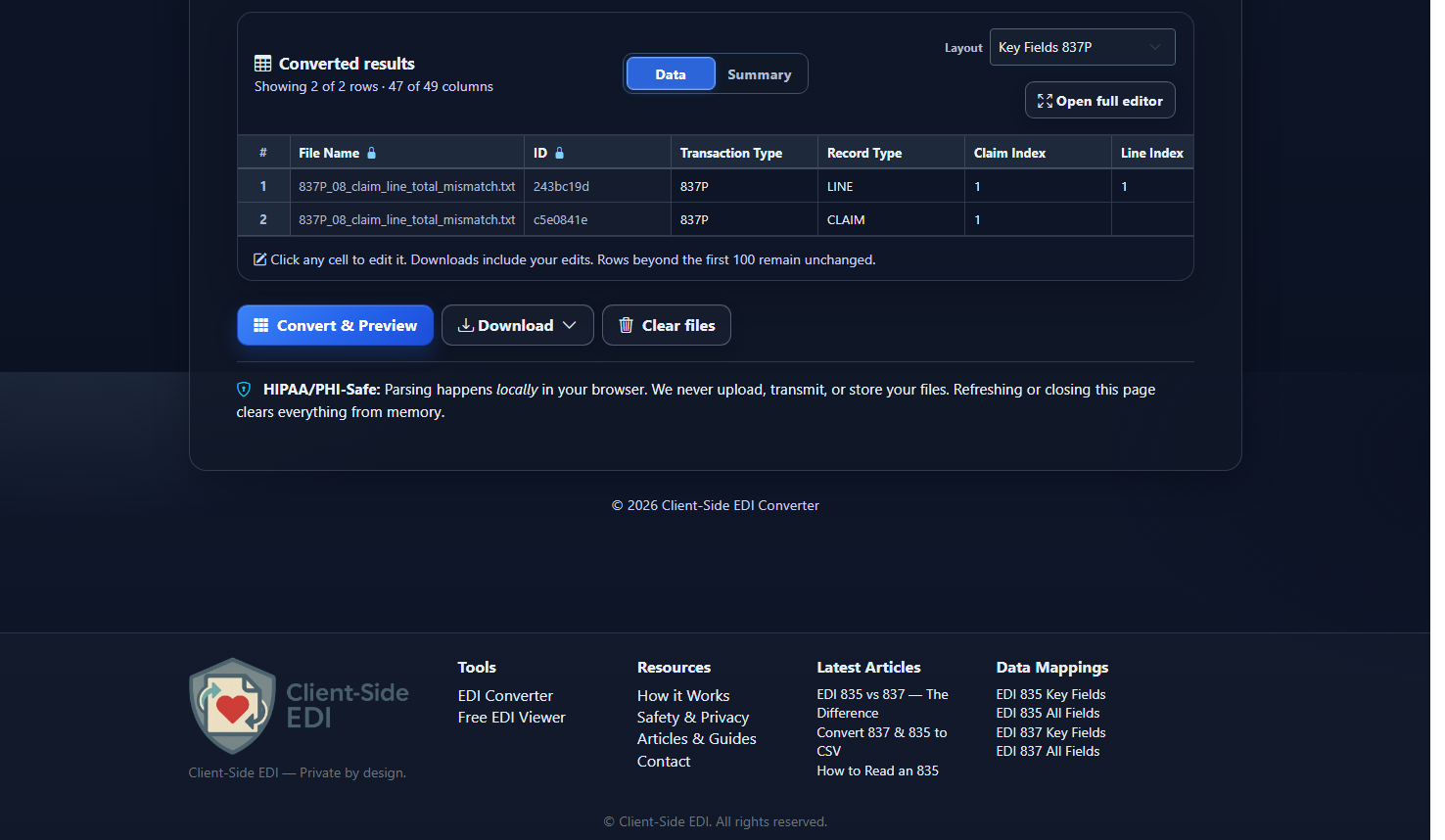 Converted healthcare EDI results displayed in the Client-Side EDI data preview using synthetic example data