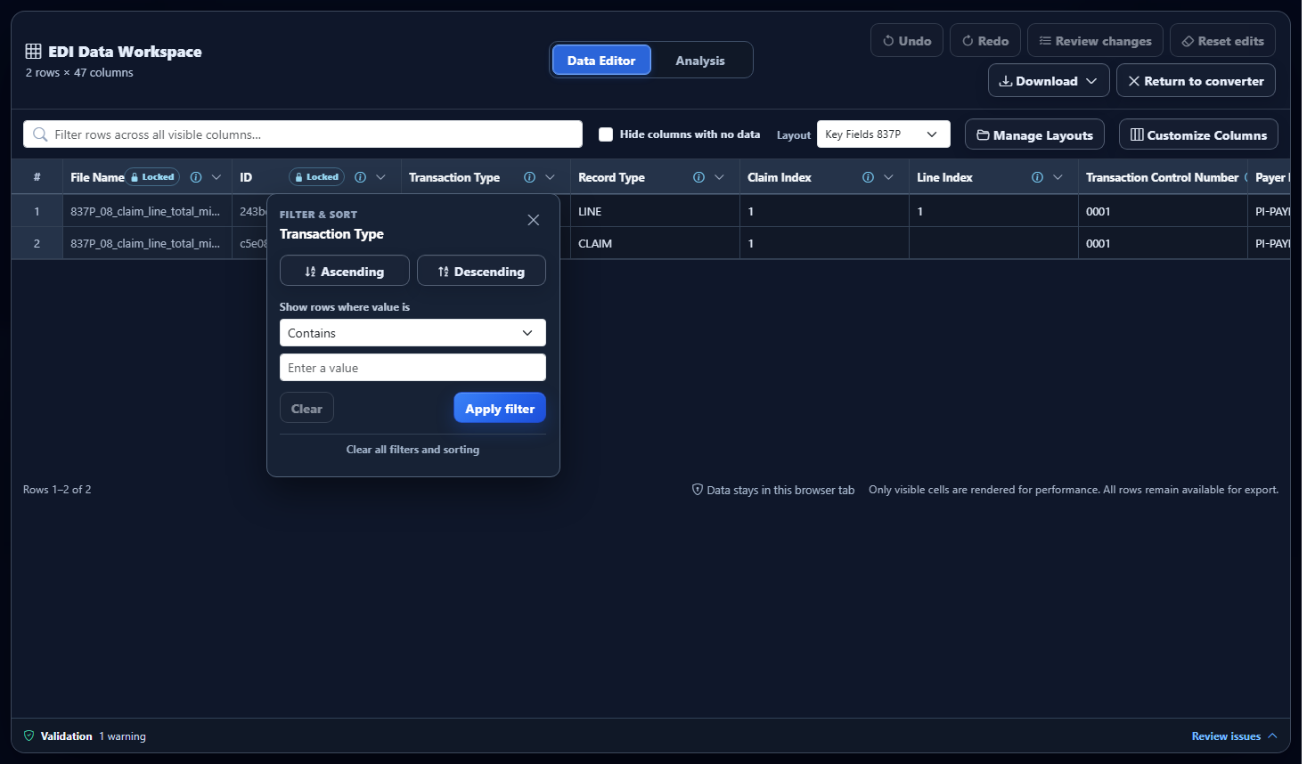 Filter and Sort menu open for the Transaction Type column